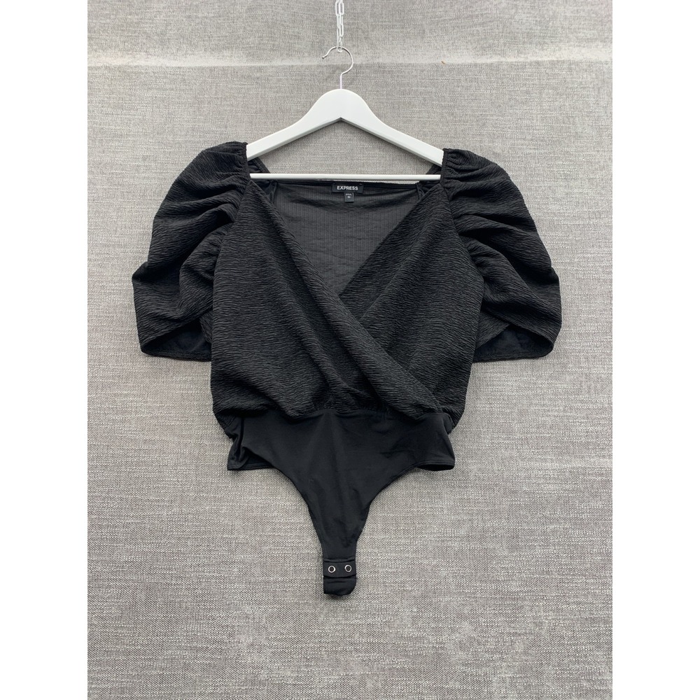 Express One Piece Bodysuit Womens Small Black Textured Puff Sleeve Surplice Neck